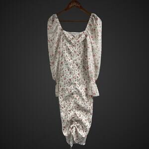 Reverse Floral Dress Puff Shoulder Smocked Body Cinch Hem Medium Stretchy